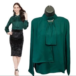 Top Green emerald Blouse Long Sleeve Shirt career statement mock turtleneck y2k